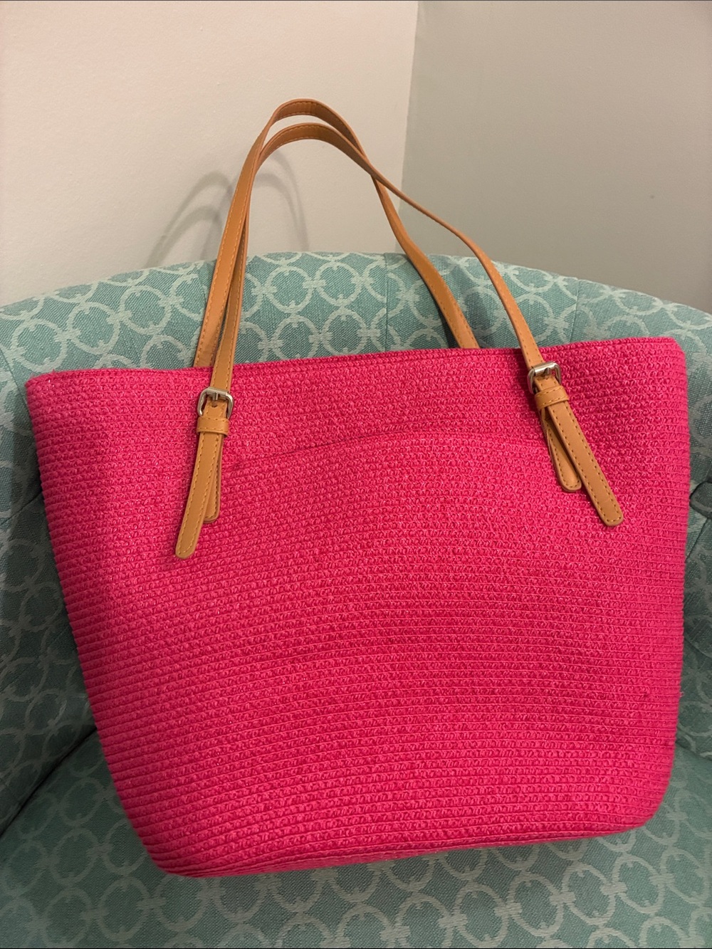 Bright Pink Straw Tote with Tan Handles